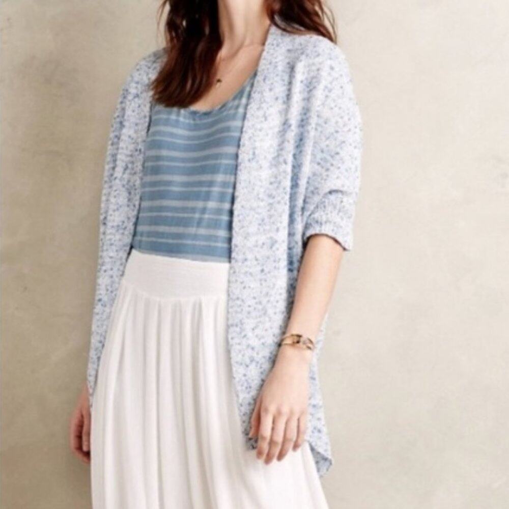 Anthropologie Moth Blue Cotton Linen Blend Marled Open Knit Cocoon Cardigan XS